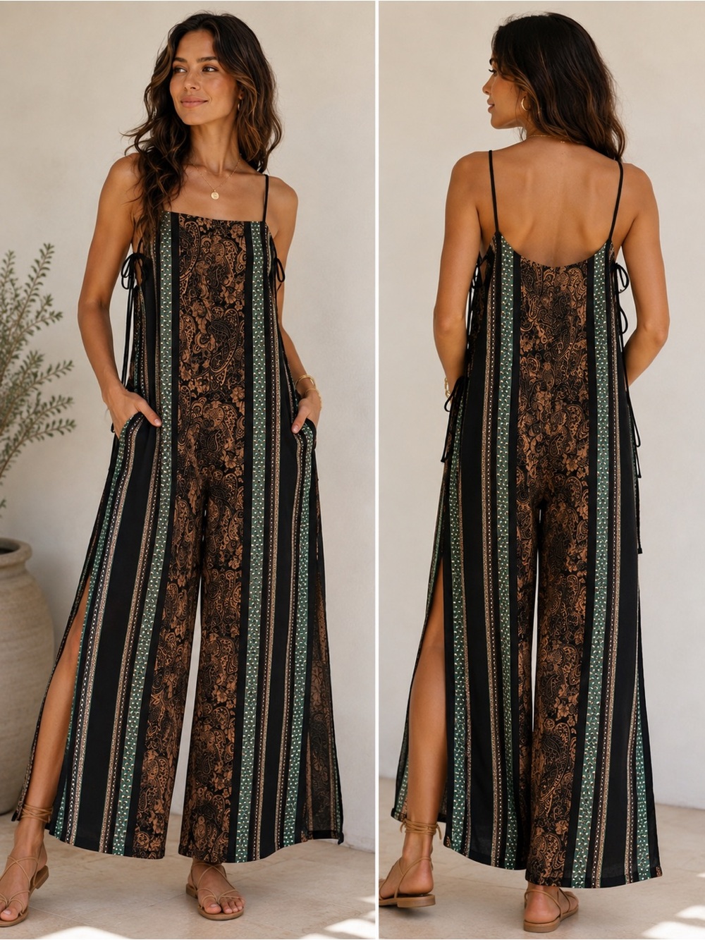 Anthropologie Black & Green Striped Paisley Wide-Leg Jumpsuit